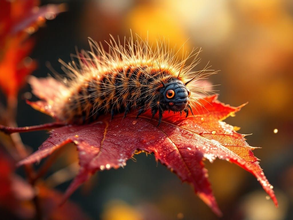 Wooly Bear on Red Maple Leaf in Autumn