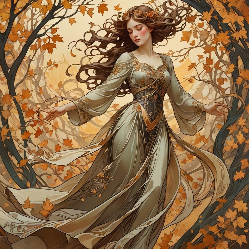 Art Nouveau Woman in Autumnal Setting