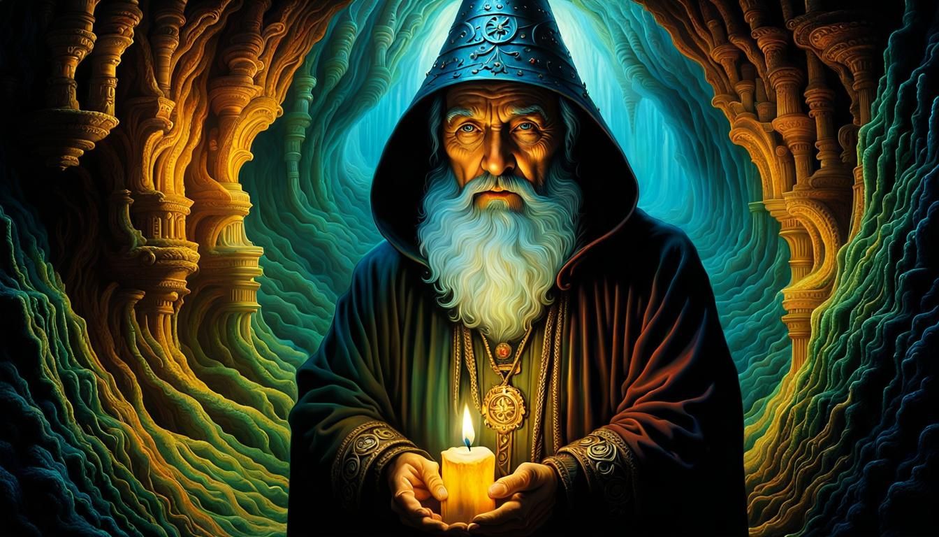 Ethereal Wizard in Iridescent Cave, Digital Illustration