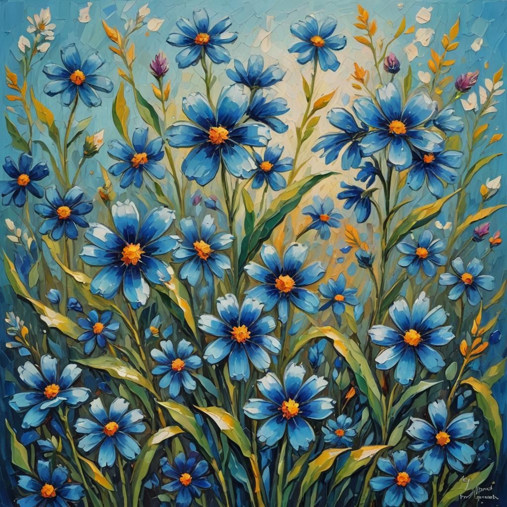 Blue Flowers in Expressionist Impasto Style