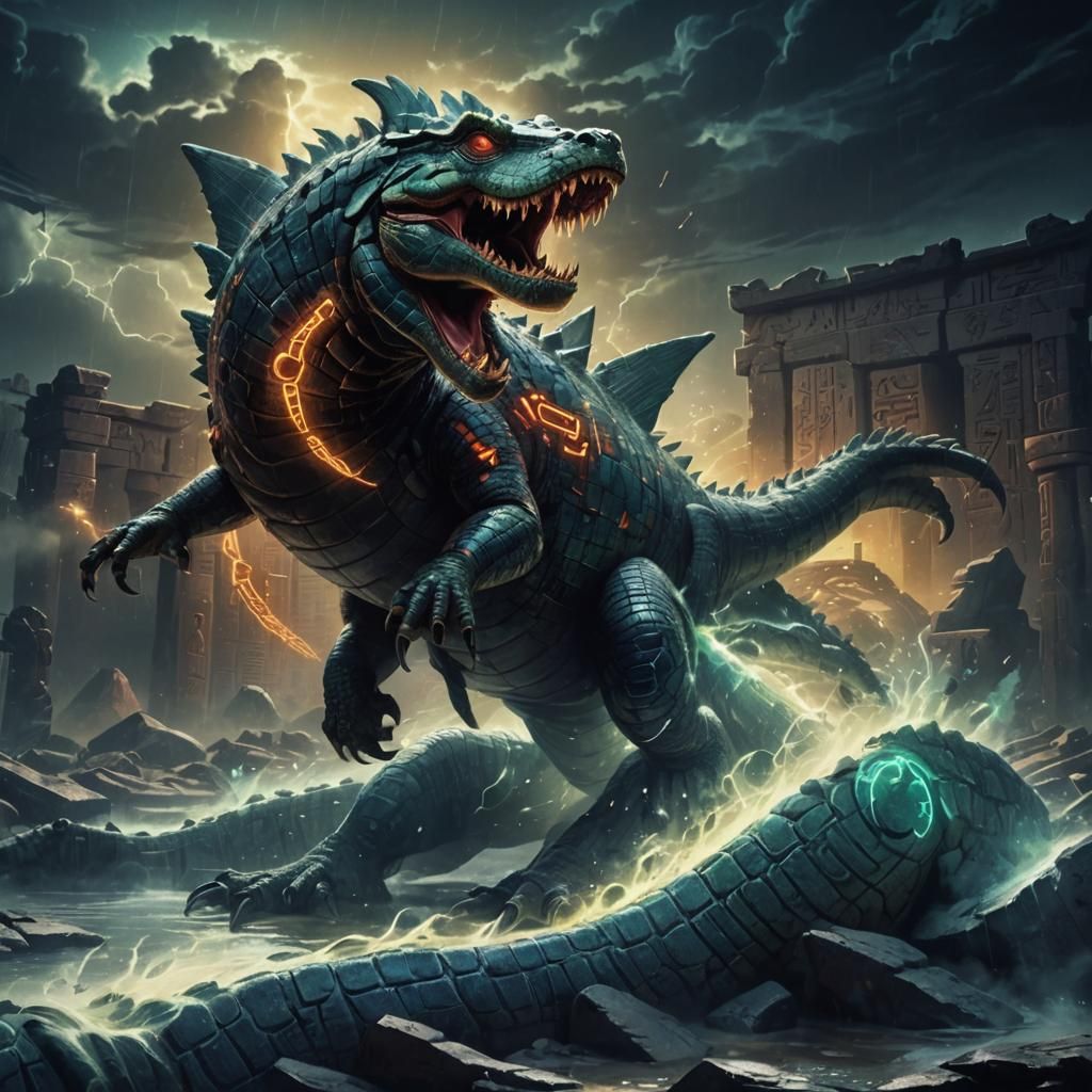Angry Croctopuss Amidst Neon Hieroglyphs in Surreal Digital ...