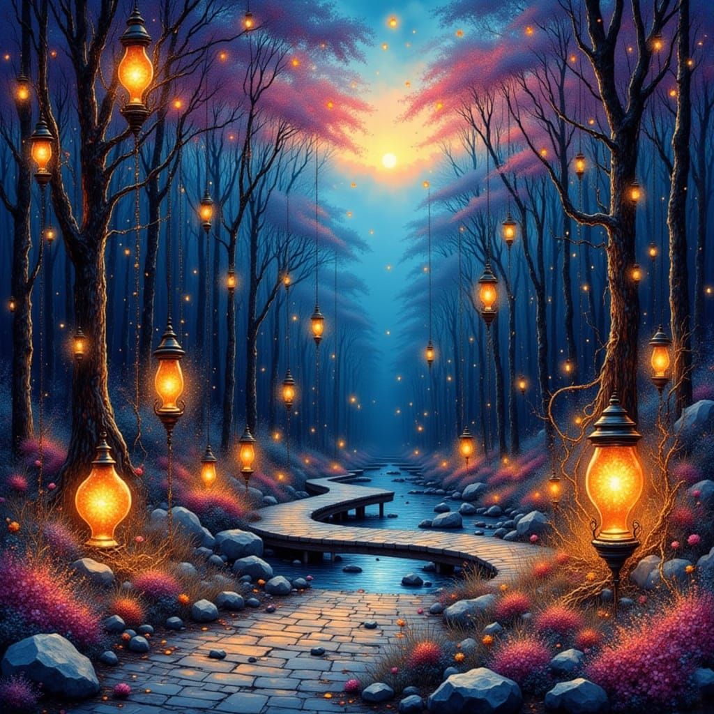 Whimsical Fantasyland with Floating Lamps and Fairy Lights