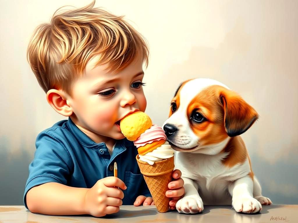Boy Shares Ice Cream with Puppy: Oil Painting