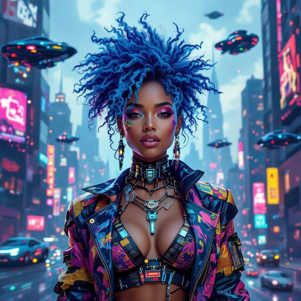 Cyberpunk Afro-Latina Portrait in Futuristic Cityscape