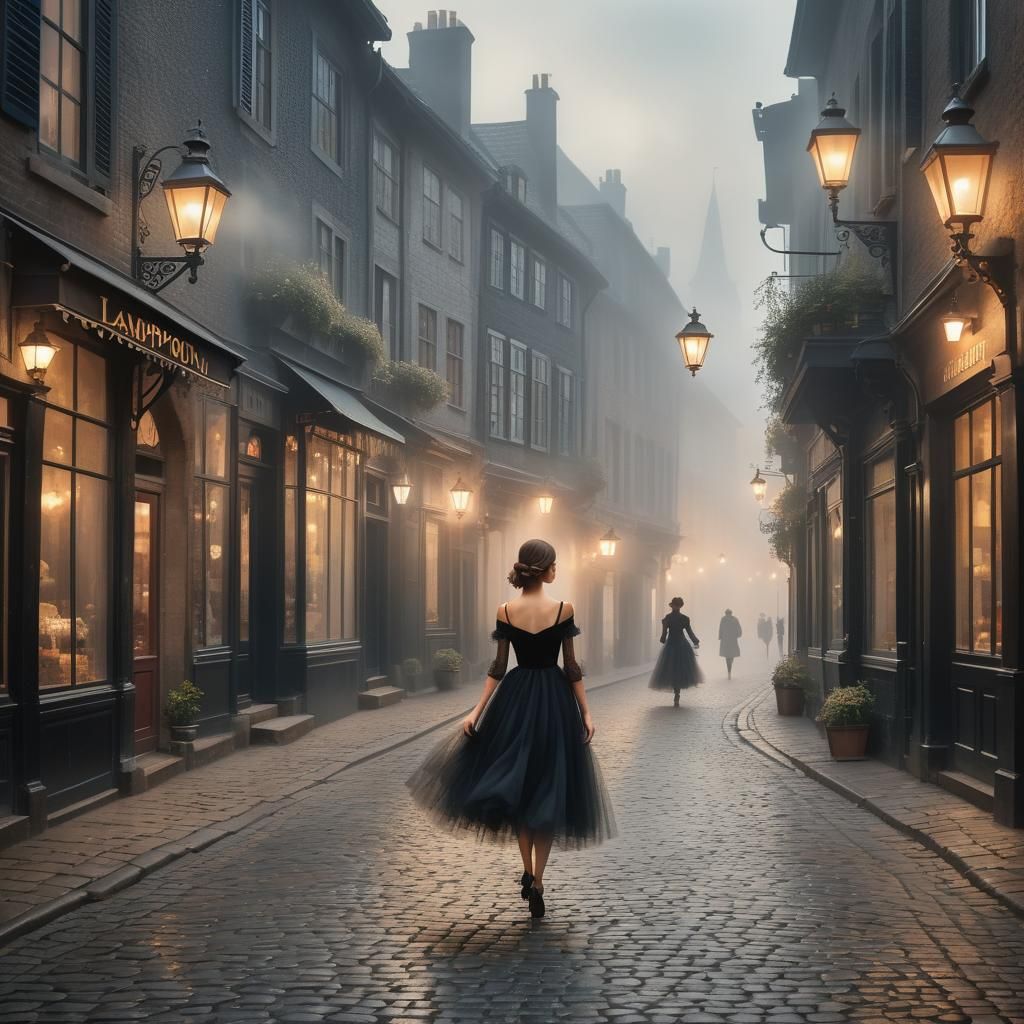 Woman in Black Dress Walking Misty Street