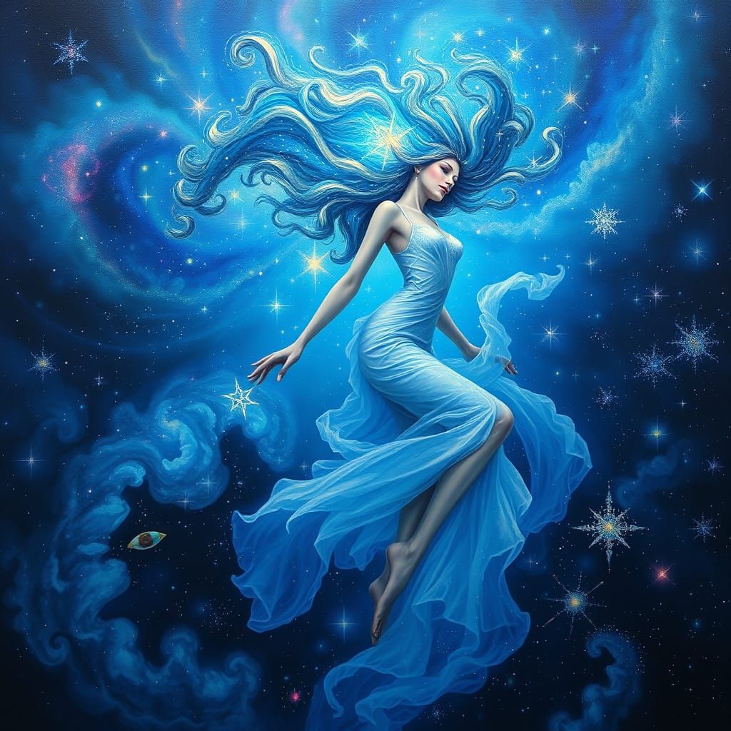 Cosmic Woman Floating in Nebulae, Crystal Stars