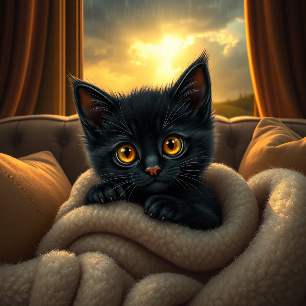 Snuggly Black Kitten in Stormy Weather