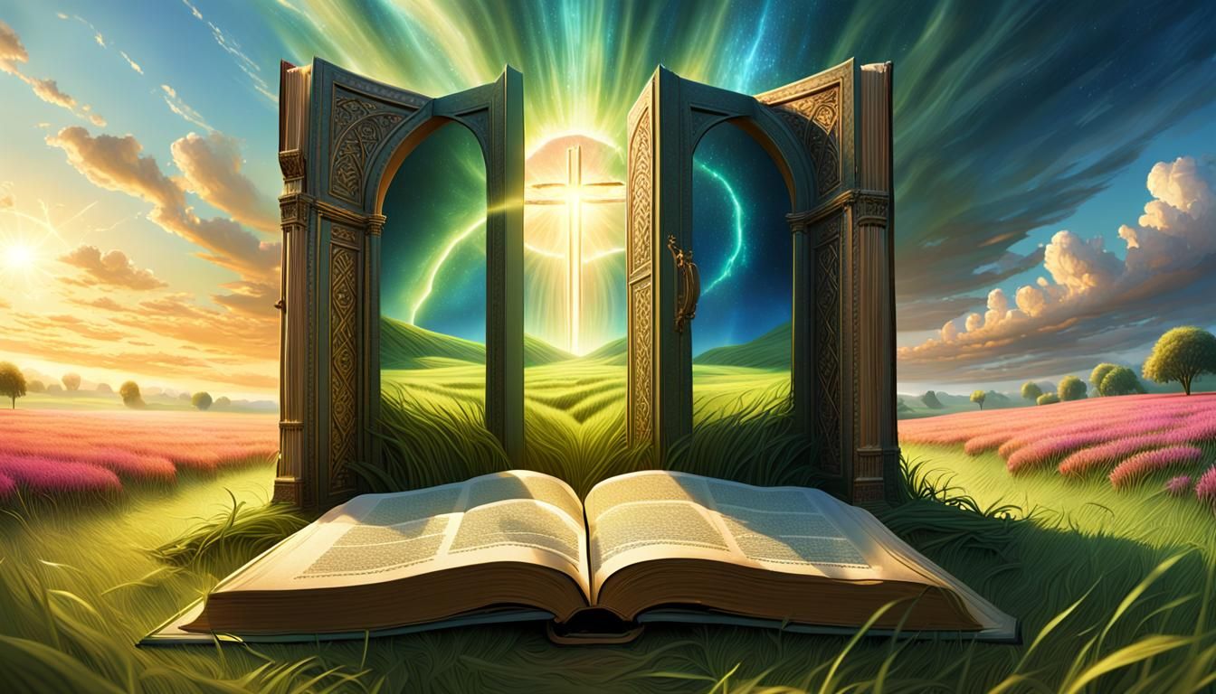 Bible and Glowing Doorway in Field: Fantasy Concept Art