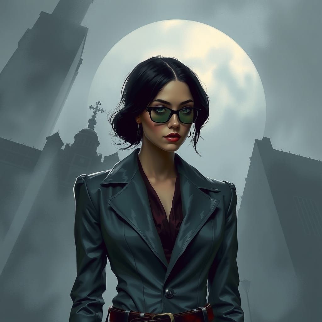 Mysterious Woman in Grey, Silver, and Burgundy Hues