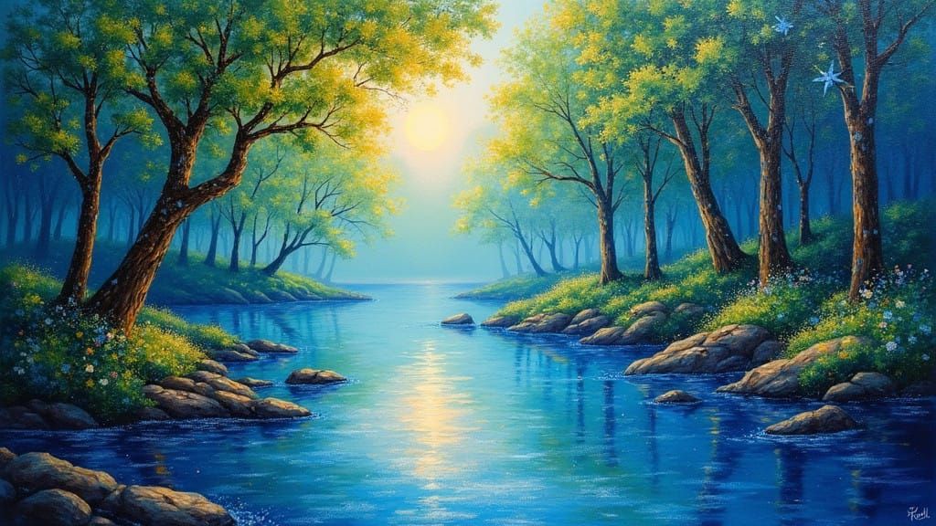 Ethereal Sapphire River in Emerald Forest