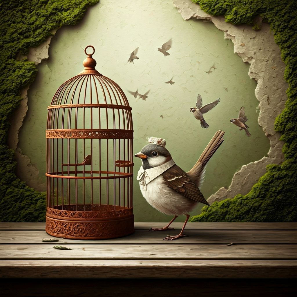 Victorian Bird Escapes Cage in Gothic Fairy Tale Style
