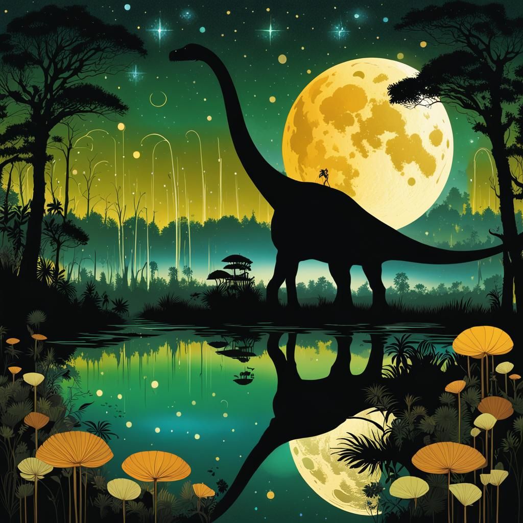 Moonlit Diplodocus in Primeval Swamp, Double Exposure