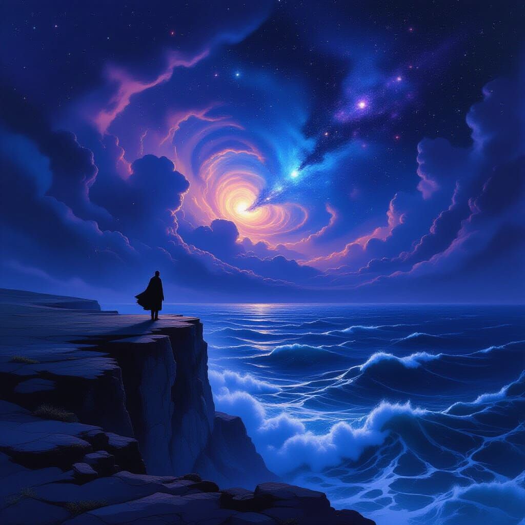 Figure on Cliff Overlooking Cosmic Ocean