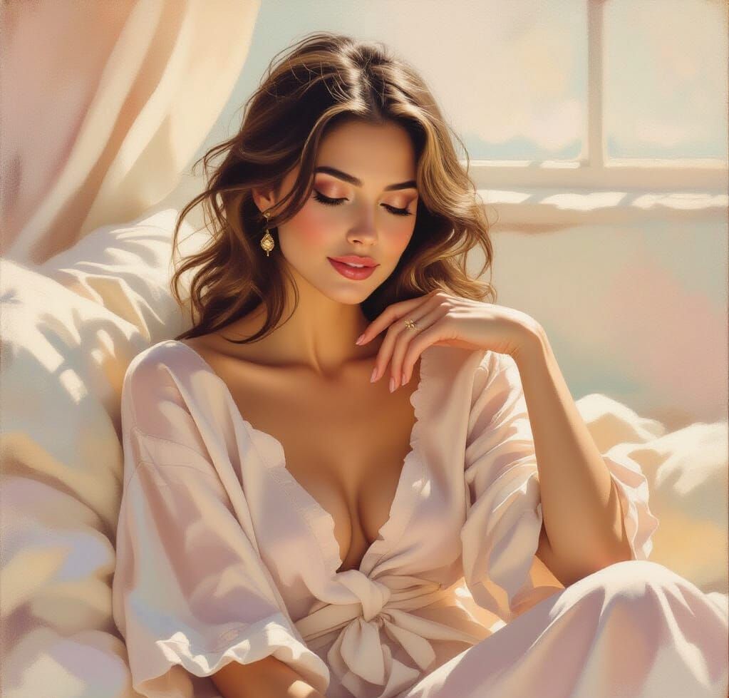 Woman in Peignoir, Impressionistic Oil Painting