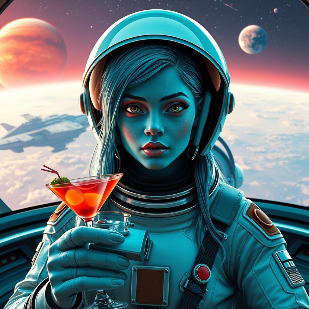 Cosmonautin in Futuristischem Café mit Sternenhimmel