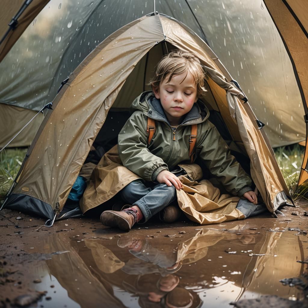 Child Sleeping in Rain Soaked Tent: Whimsical Concept Art