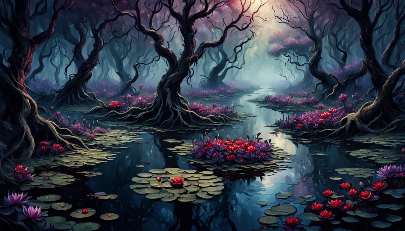 Eerie Stream in Dark Fantasy Forest