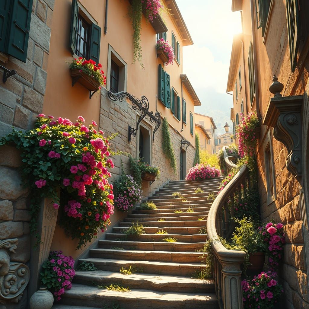 Italian Village Staircase in Vibrant Bloom