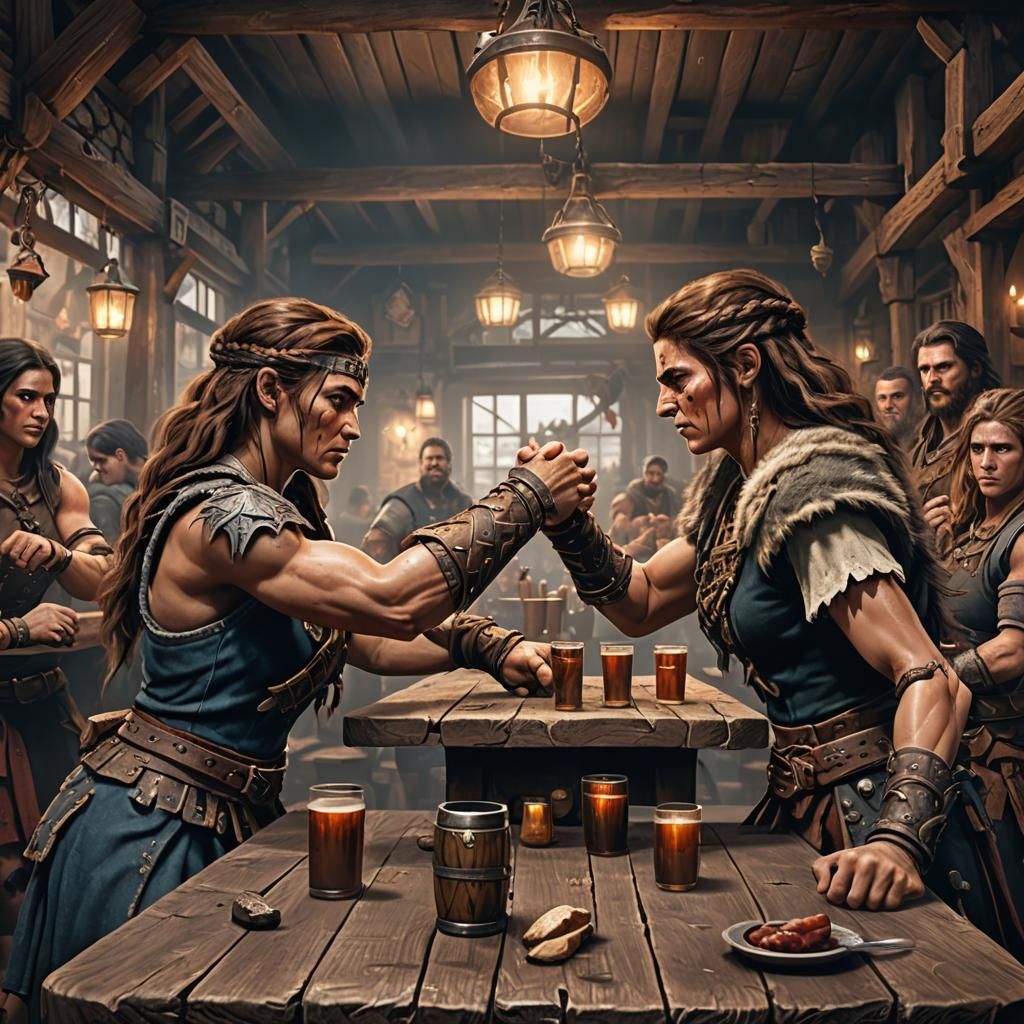 Female Barbarian Arm Wrestling in Tavern: Detailed Matte Pai...