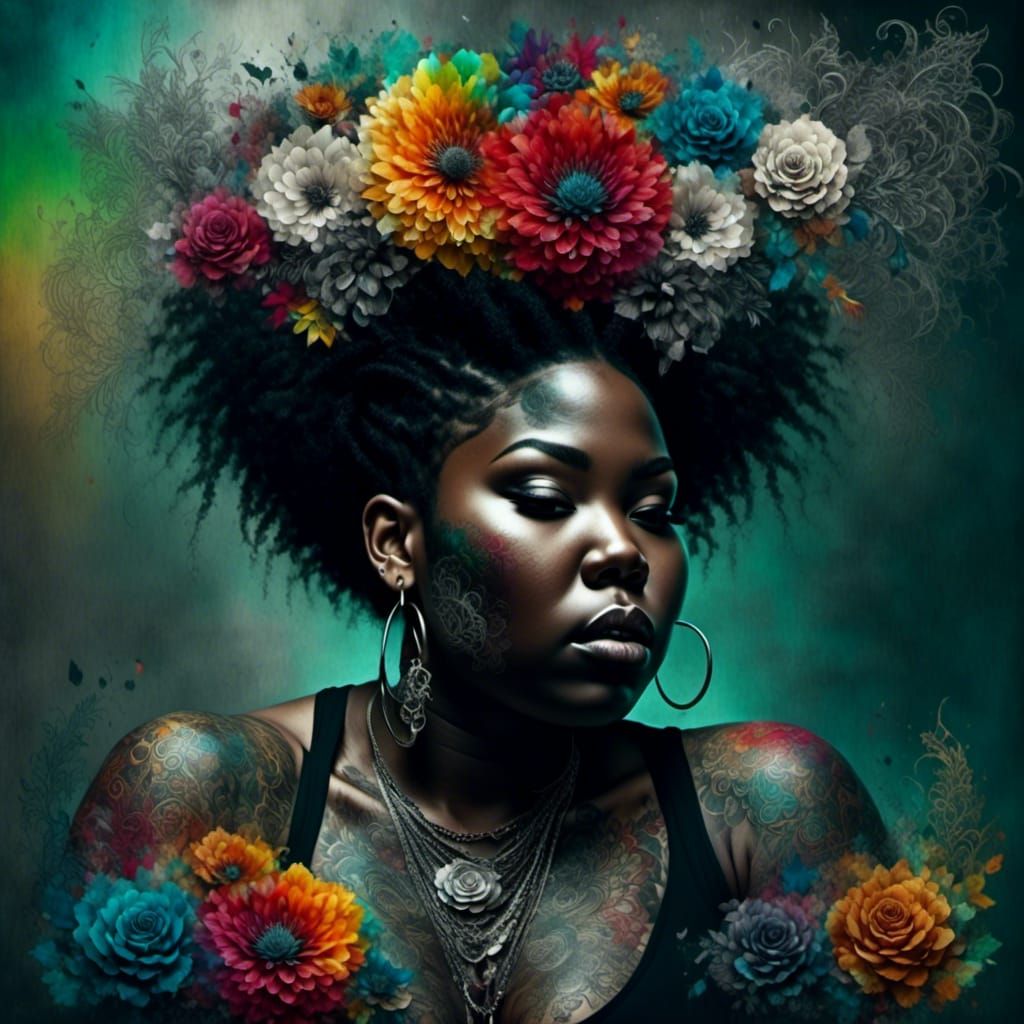 Chubby Man with Floral Tattoos in Hazy Rainbow Mist