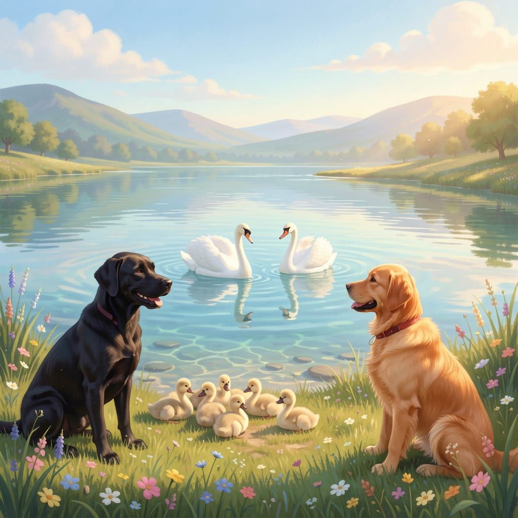 Dogs Watch Swans on Crystal Lake in Fantasy Realism Style