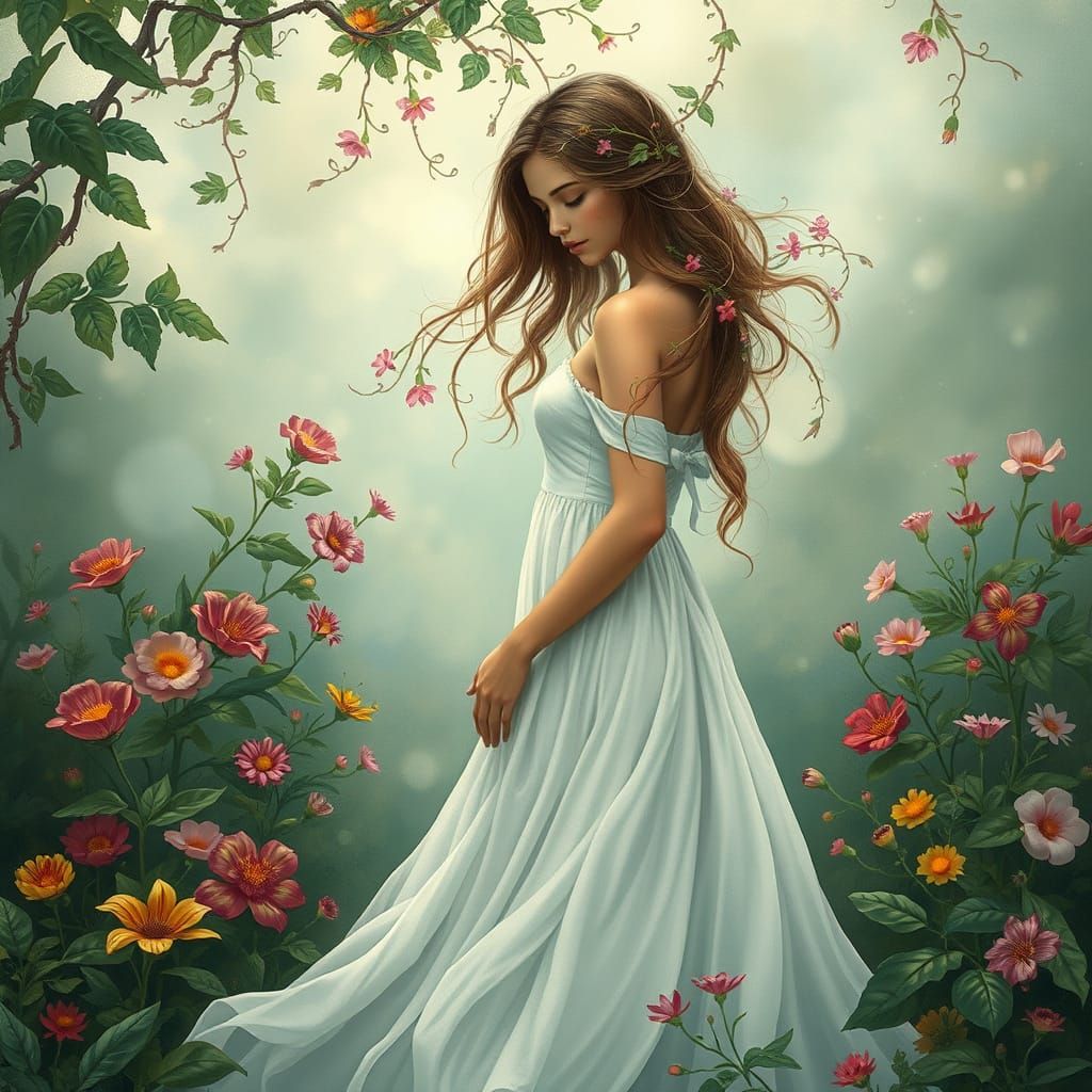 A serene portrait of a woman surrounded by intricate greenery, flowers, and vines that intertwine with her hair, blendin...