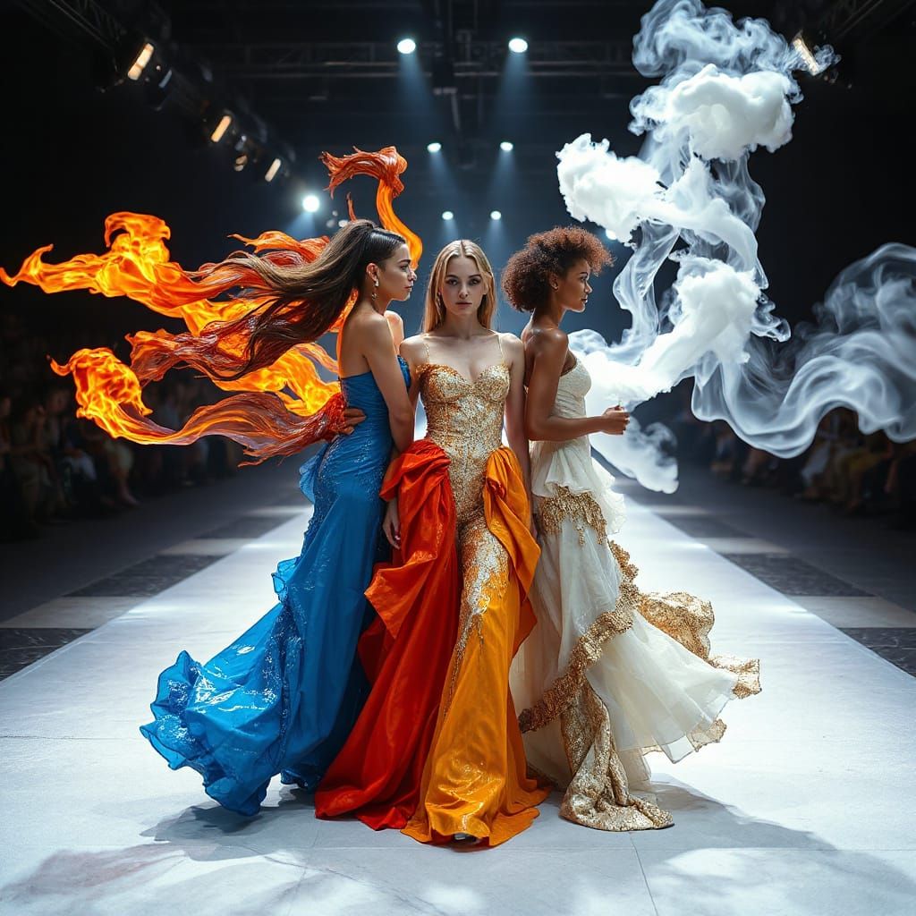 Surreal Elemental Runway Goddess in Cyberpunk-Inspired Coutu...