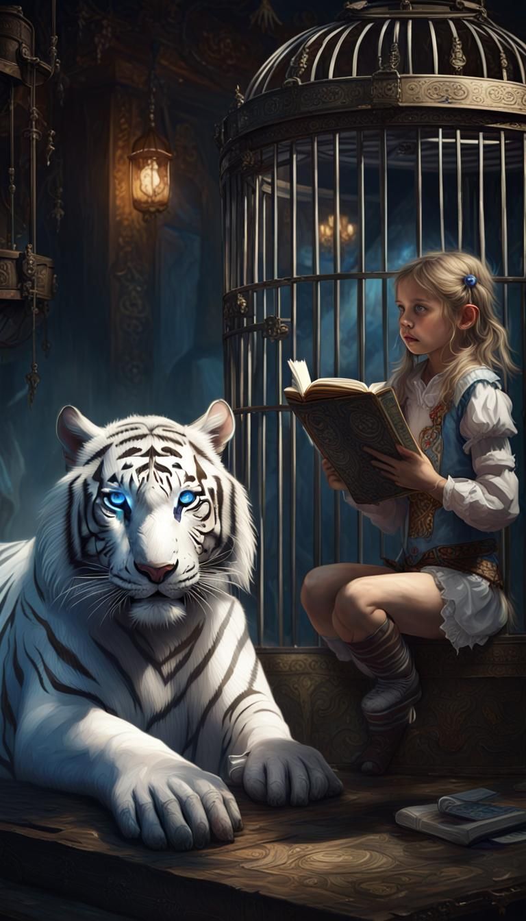 White Tiger and Girl in Circus Cage, Dark Fantasy Art