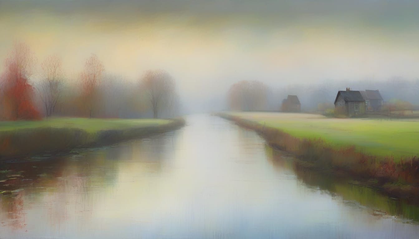 Misty English River Scene in Impressionist Style
