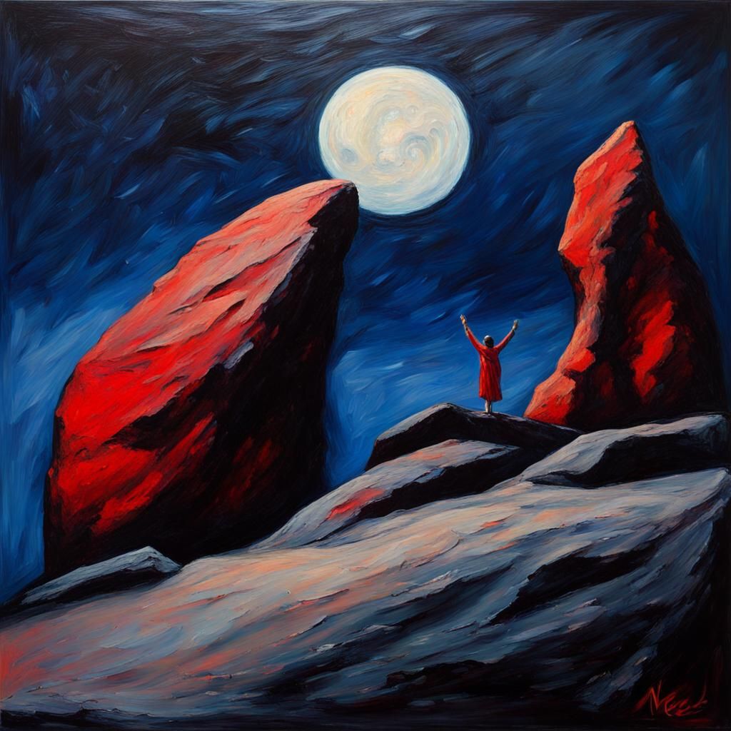 Moonlit Figure with Red Cloth, in Expressionist Style