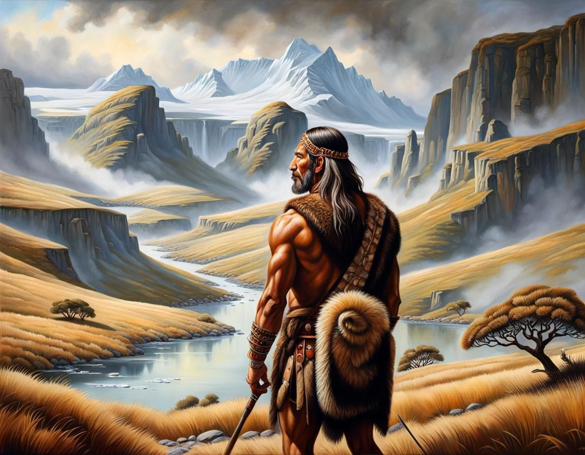 Prehistoric Cave People in Ancient Landscape