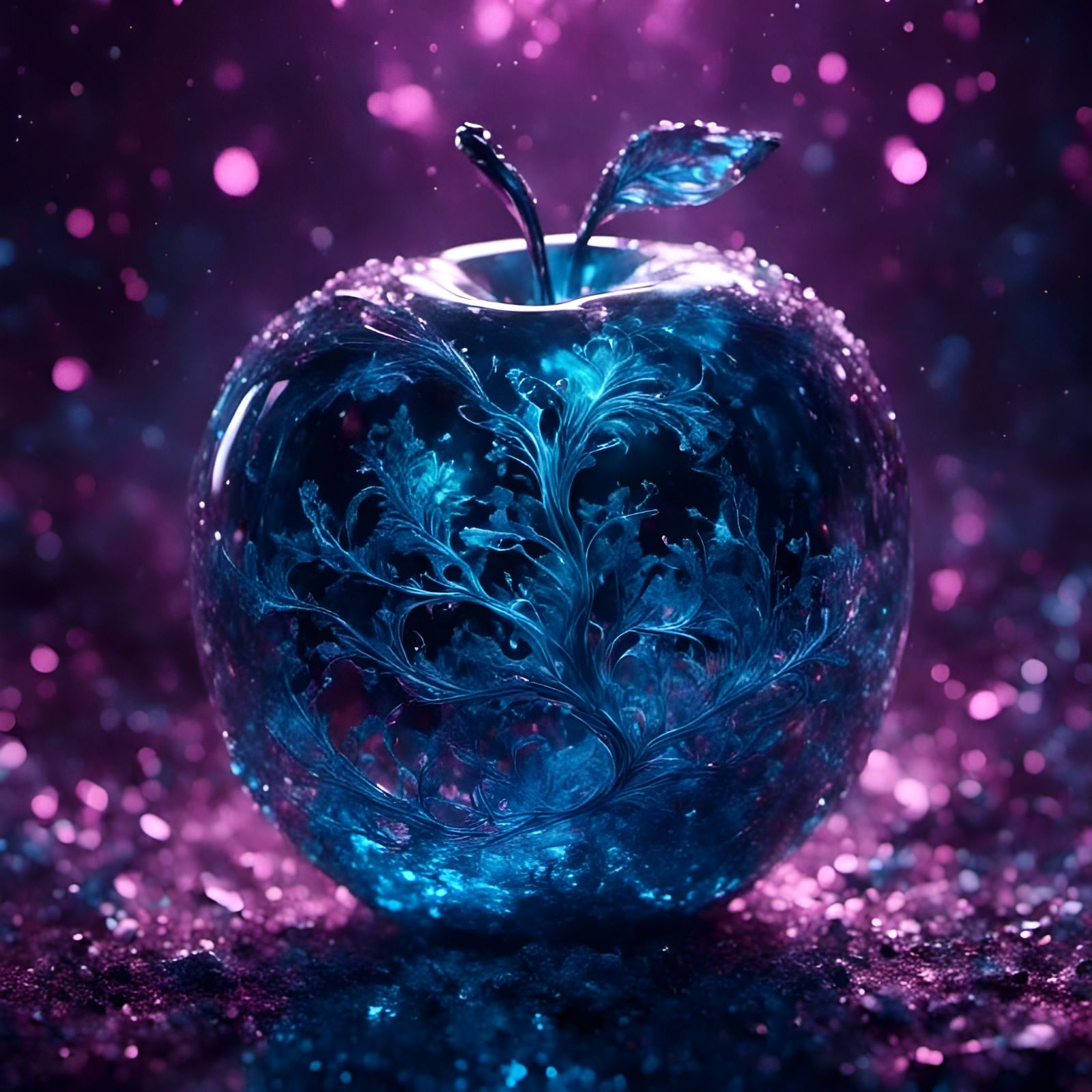 Enchanted Glowing Glass Apple in Dreamy Darkness