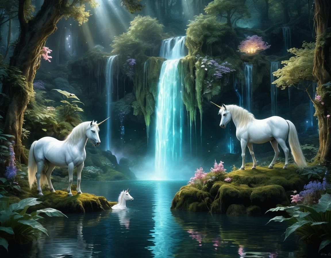 In a magical, mystical forest, a shimmering lake is surrounded by glowing waterfalls and fantastical, luminous plants, c...