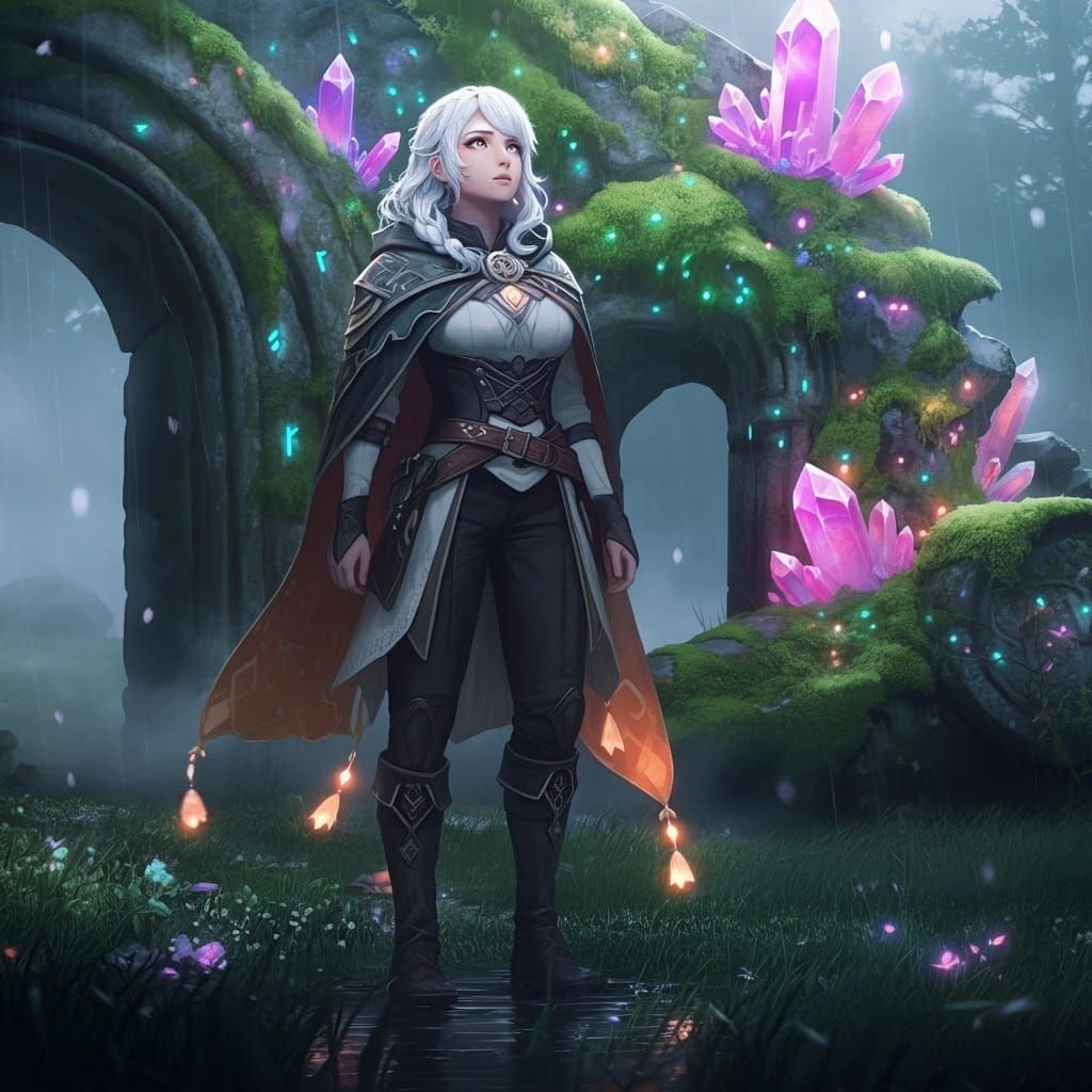 Woman at Ancient Ruins with Glowing Runes