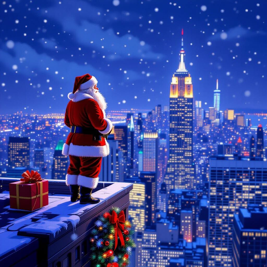 Santa Claus on Empire State Building Overlooking NYC Holiday...