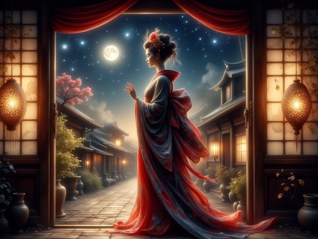 Elegant Geisha Gazes at Stars in Traditional Japanese Town