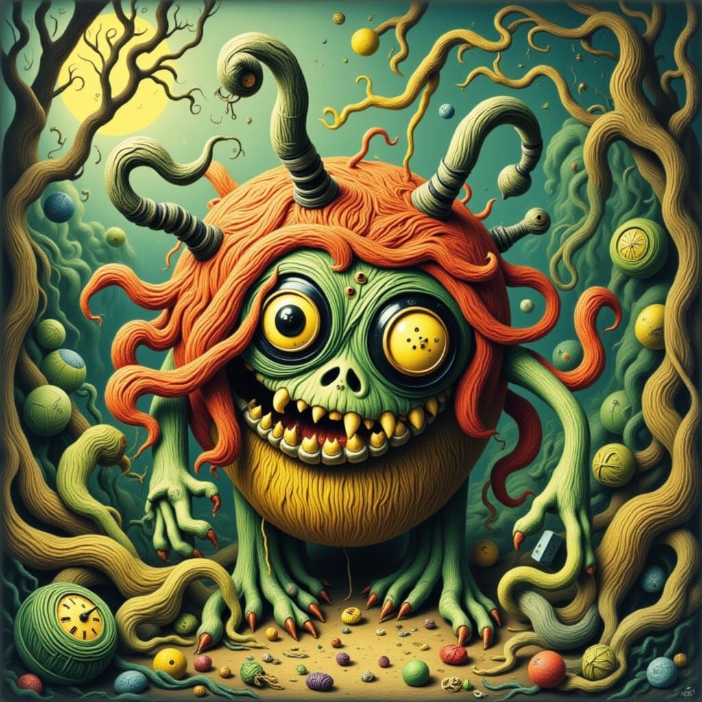 Whimsical Yarn Monsters in Woodcut Style