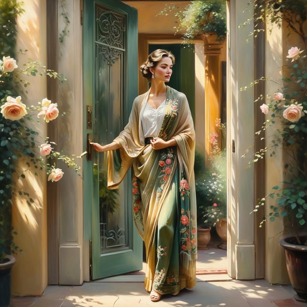 Woman in Manila Shawl: Vintage Oil Painting