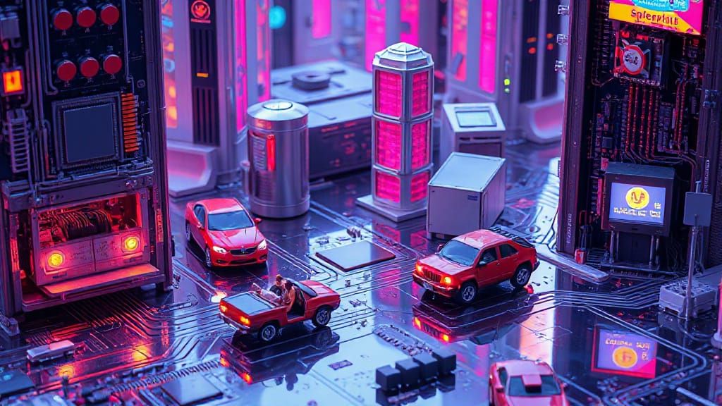 Iridescent Cityscape Inhabited by Microscopic Citizens