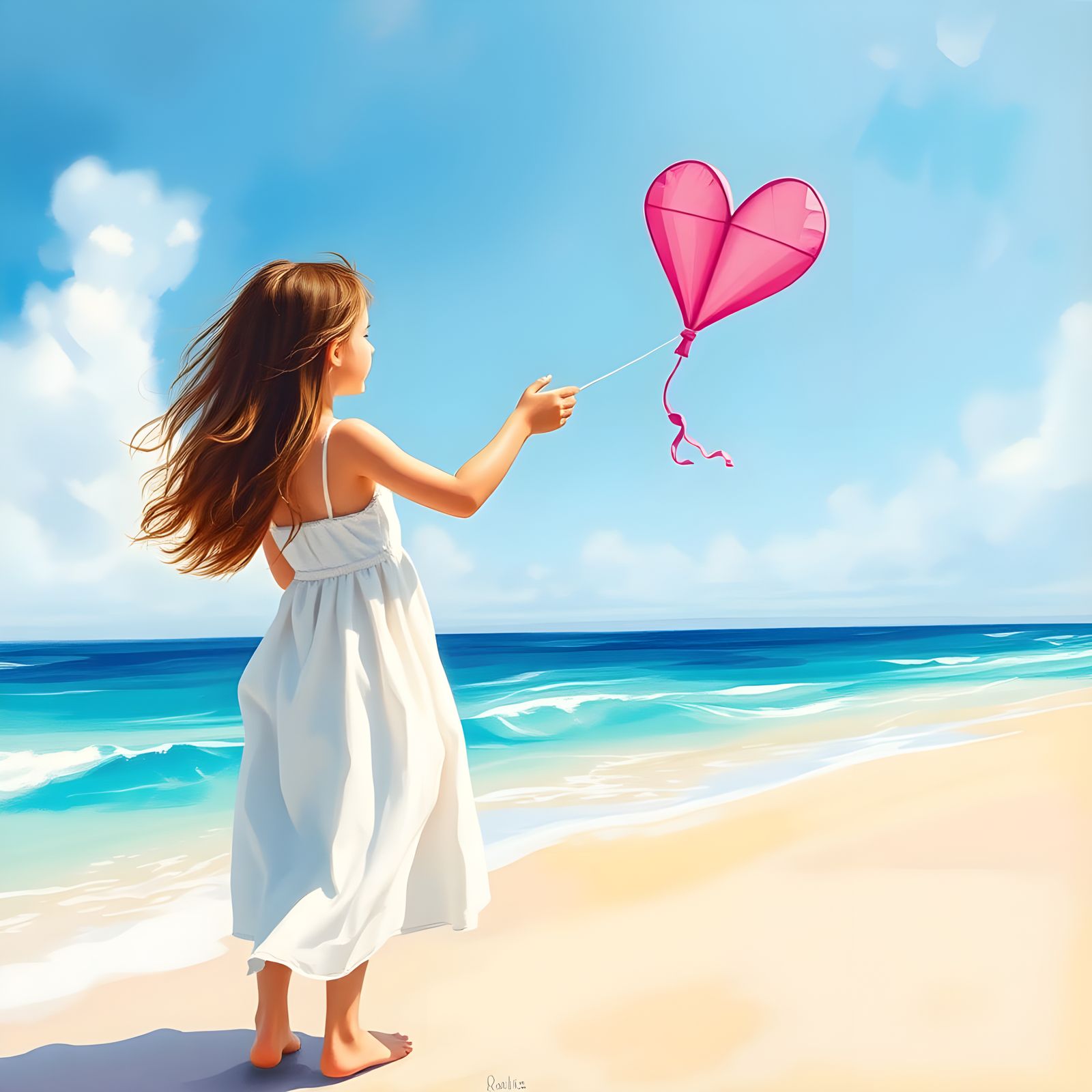 Girl Flies Heart-Shaped Kite on Beach in Impressive Impasto ...