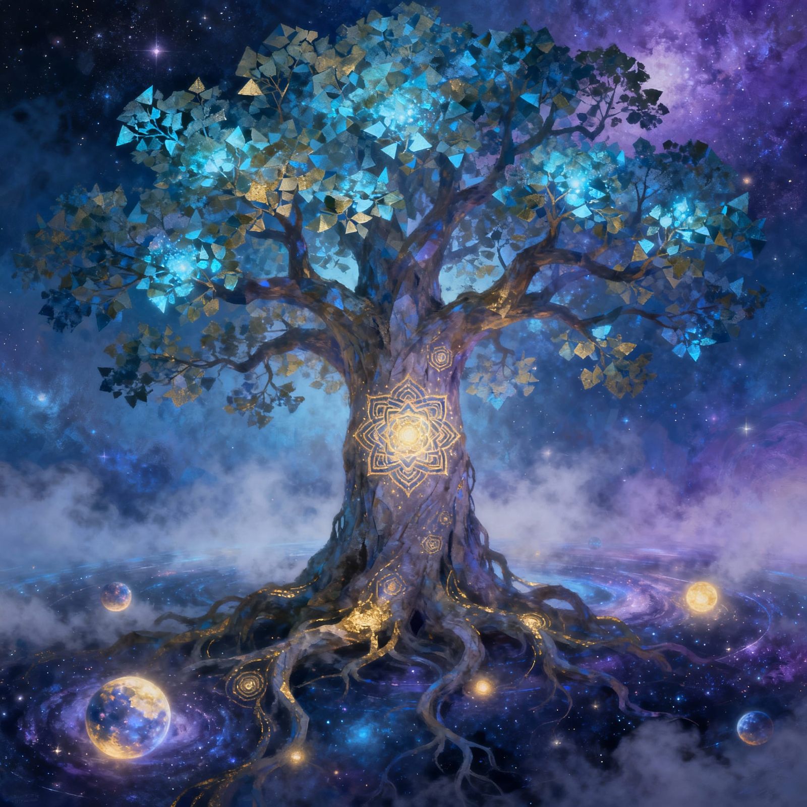 Cosmic Tree of Life with Bioluminescent Leaves