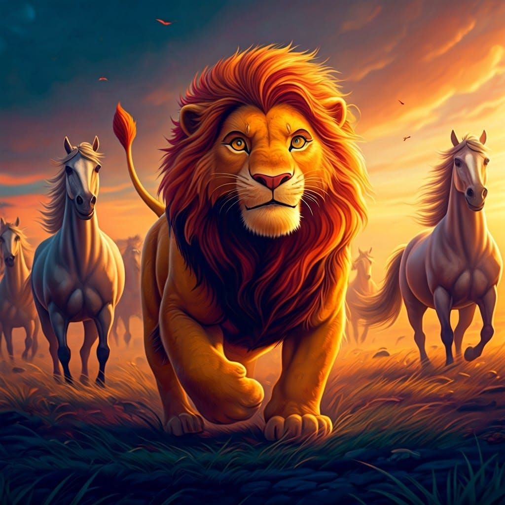 Simba Runs with Horses: Hyperrealistic Splash Art
