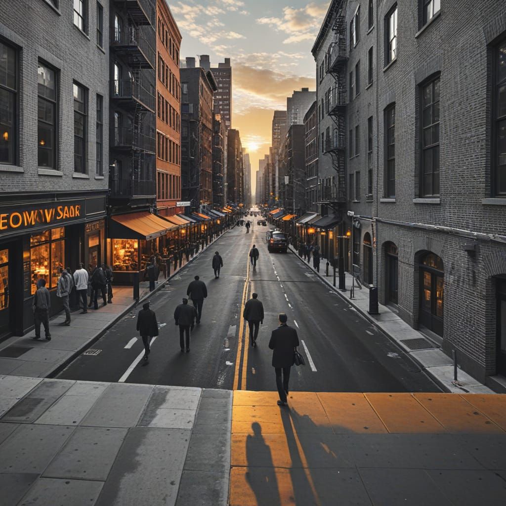 City Street Scene with Golden Hour Lighting