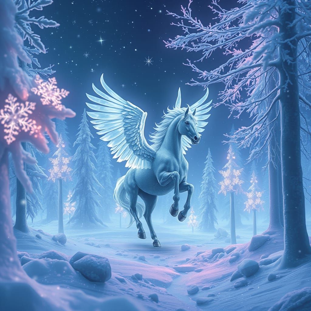 Pegasus in Frozen Crystal Forest in Digital Painting Style