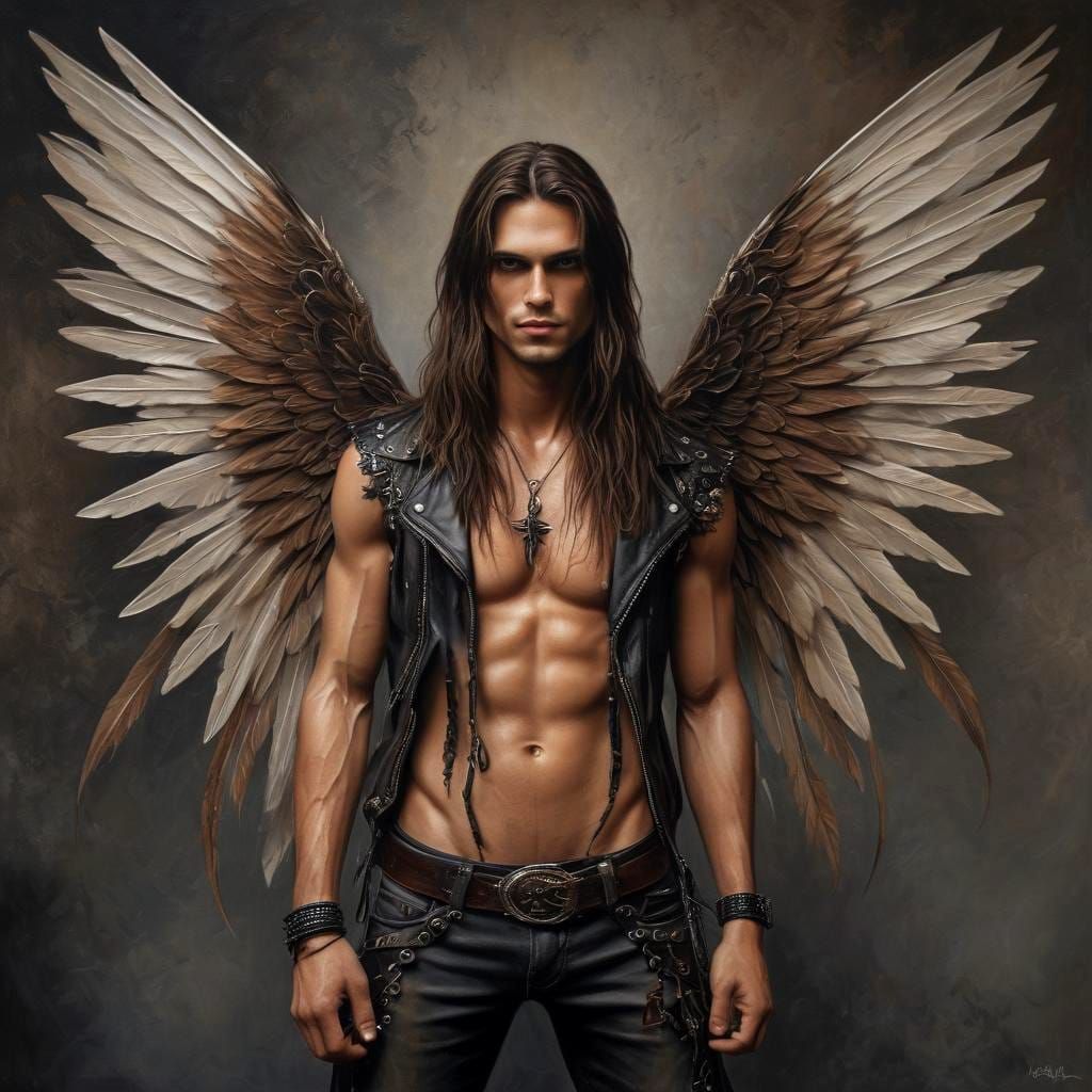 Metalhead Fairy with Falcon Wings Oil Painting