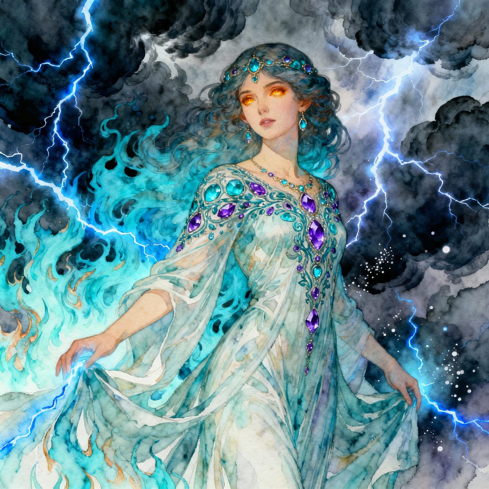 Elven Faerie Elemental of Azure Fire and Storm Clouds