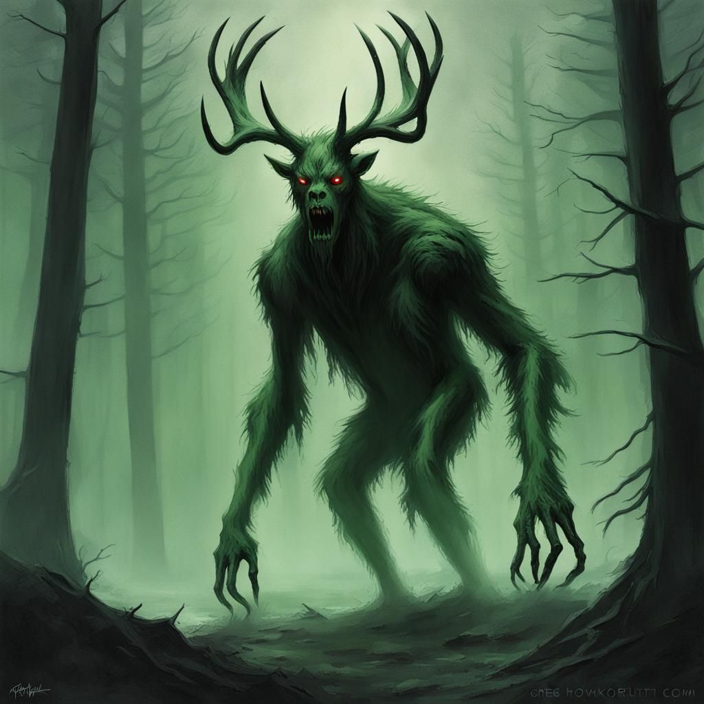 Sinister Wendigo Cryptid in Dark Fantasy Forest