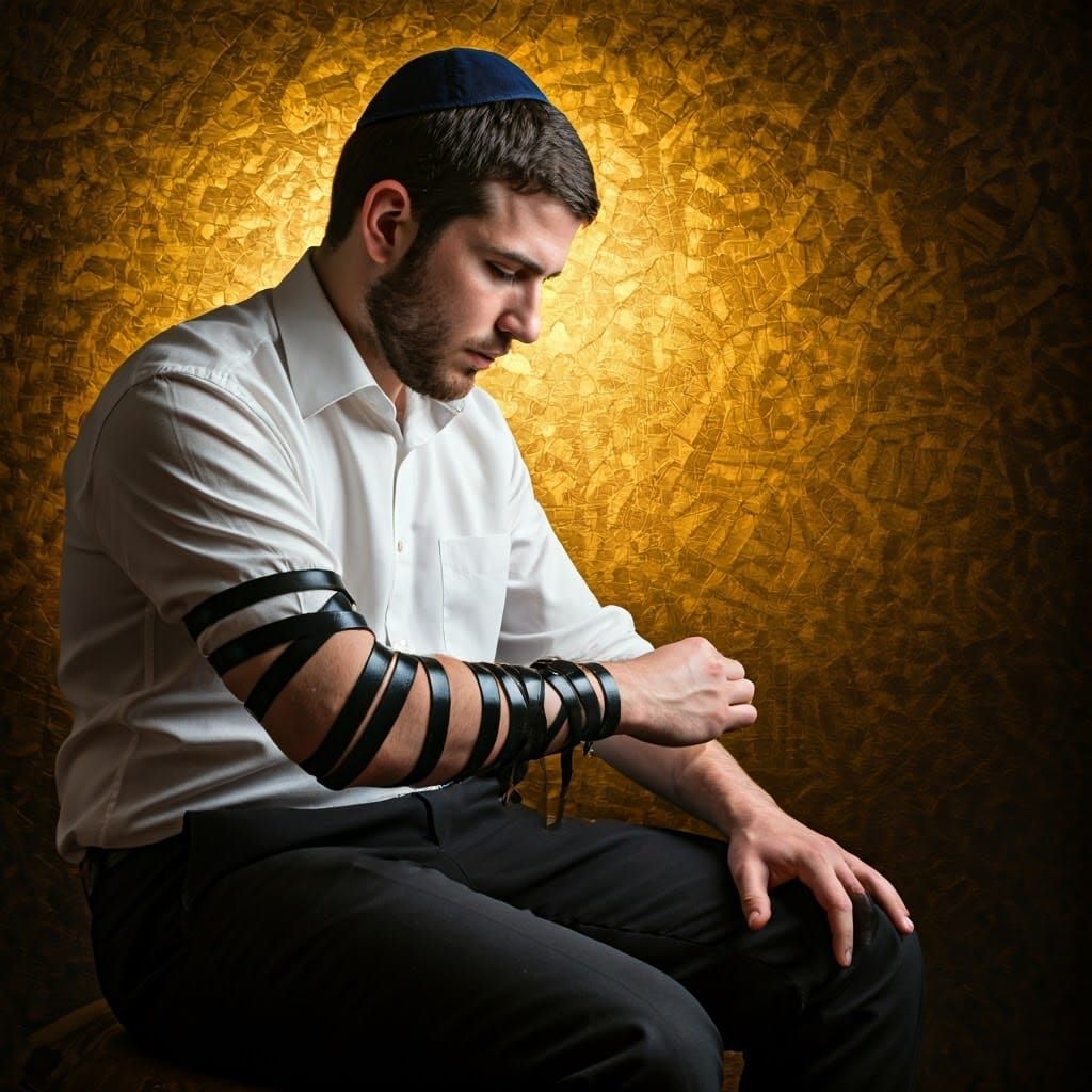 Young Man Praying with Tefillin in Rembrandt Style