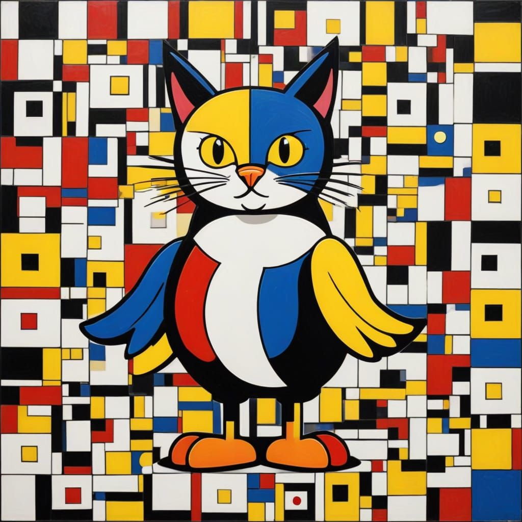 Surreal Cartoon Cat and Bird in Geometric Style