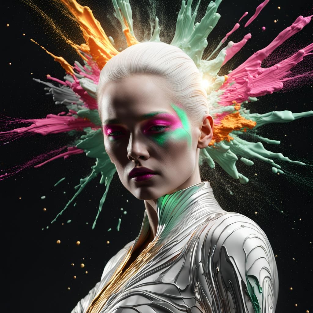 Albino Woman in Hourglass with Paint Explosion